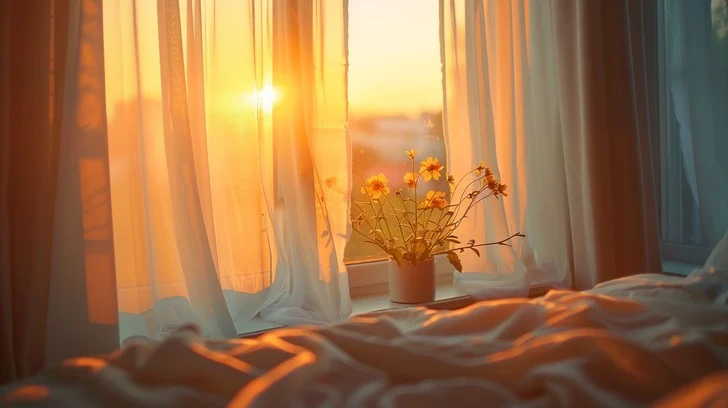 Cozy bedroom with morning light, book on white linen